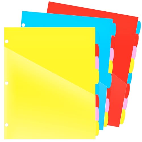 WOT I Plastic 8-tab Dividers with 2 Clear Pockets - 6 Sets, Binder Dividers for 3 Ring Binder, Bright Multicolor, Total 48 Tabs - color: Blue,pink,red,yellow - Double-side Pockets, size: 48 Tabs