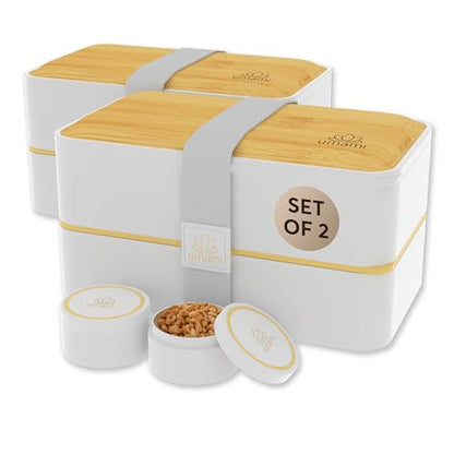 Umami Bento Box Adult All-In-1 w/ 4 Utensils 100% Leakproof, Microwave & Dishwasher Safe Lunch Containers for Adults w/Compartments, Bento Lunch Box Containers - color: White & Bamboo, size: M - 40 oz