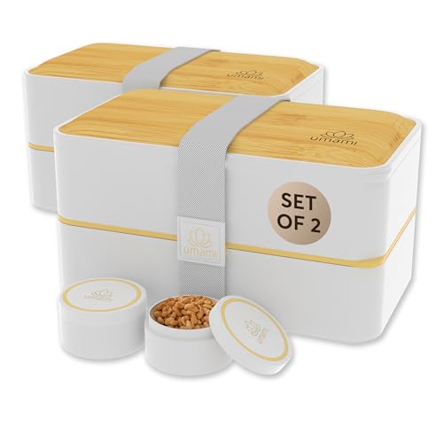 Umami Bento Box Adult All-In-1 w/ 4 Utensils 100% Leakproof, Microwave & Dishwasher Safe Lunch Containers for Adults w/Compartments, Bento Lunch Box Containers - color: White & Bamboo, size: M - 40 oz