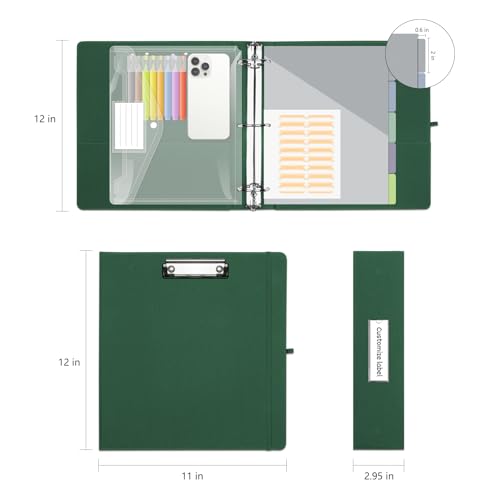 3 Ring Binder 2 Inch, BVSSX Three Ring Binders Organizer with Clipboard, Plastic Folder, 5-Tabs Pocket Dividers with Sticker Labels, Pen Loop, Elastic Strap (Green, Letter Size) - color: 03-green, size: 2in（Letter Size）