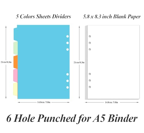 A5 Blank Paper Refill - 6 Hole Planner Inserts for A5 Binder, 200 Pages 6 Ring Loose Leaf Blank Paper with 5 Colorful Binder Dividers, 5.8" x 8.5" - style: 6-Hole Blank