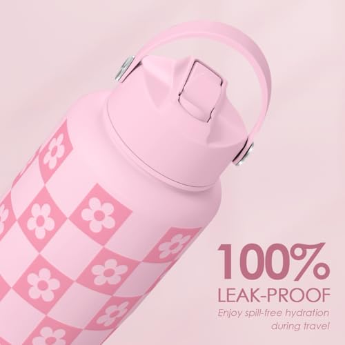 SANDJEST Checker Daisy Water Bottle 32oz Stainless Steel with Lid & Straw, Checkerboard Insulated Bottles Gifts for Women Girls Friends, Gift Idea for Birthday Christmas - color: Checker Daisy
