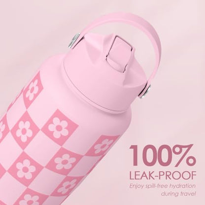 SANDJEST Checker Daisy Water Bottle 32oz Stainless Steel with Lid & Straw, Checkerboard Insulated Bottles Gifts for Women Girls Friends, Gift Idea for Birthday Christmas - color: Checker Daisy