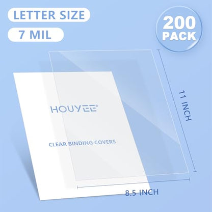 HOUYEE 200 Pack 7 Mil PVC Binding Presentation Covers, Clear Report Cover Sheets for Binding, Square Corner, 8.5 x11 Inches, Letter Size - size: 7mil,200P
