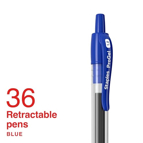 STAPLES Retractable Gel Pens, Bold Point 1.0mm, Blue Ink, 36 Pack – ProGel Smooth‑Flow Pens for High‑Volume Office Use - color: Blue, size: 36 Pack, style: Bold Point