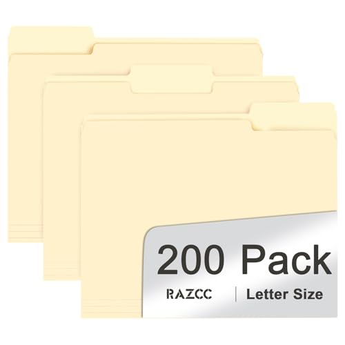 File Folder, RAZCC 200 Pack 1/3 Cut Tab File Folders Letter Size, Manila Folders, Folders with Tab, Great for Organizing and Easy File Storage - color: Manila