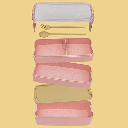 Adult Lunch Box Square 3 Compartment 900ML Sealed Bento Box 3 Layers All-in-One Stackable Bento Box Containers with Fork Spoon for Home Travel Office Plastic Lunch Box (Green)