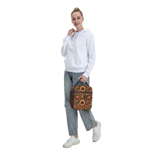 Sunflower Lunch Box for Kids Aldults, Rustic Floral Reusable Thermal Insulation Cooler Tote Bags, Autumn Bloom Harvest Pattern Insulated Bag for Student, School Picnic Camping Travel, Gifts - color: Sunflower01