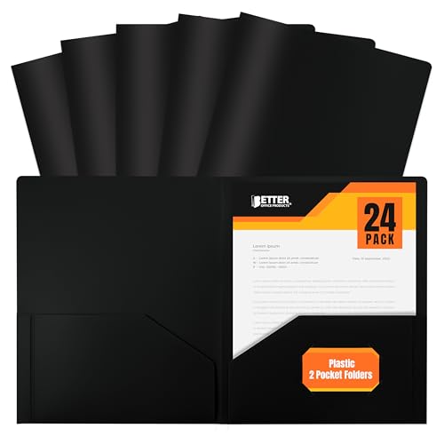 Better Office Products Heavyweight Plastic 2 Pocket Portfolio Folder, Letter Size Poly Folders 24 Pack (Black) - color: Black