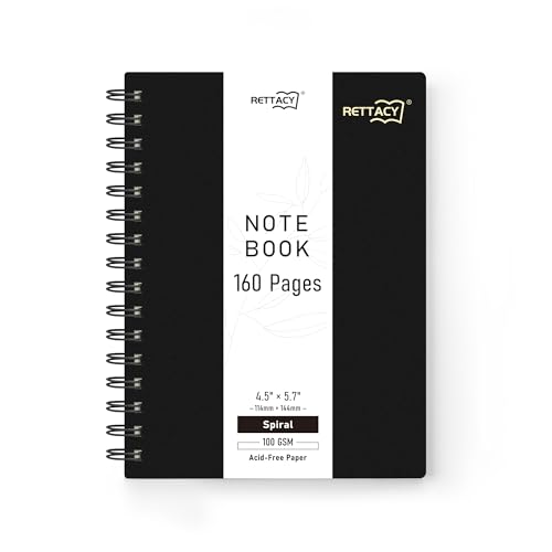 RETTACY Pocket Journal Notebook, 160 Lined Pages, A6 Mini Small Size (4.5" × 5.7"), for Work, Journaling, Writing, 100 GSM Thick Paper, Spiral-bound, Flexible Plastic Cover (Black) - color: Black, size: 4.5" x 5.7"