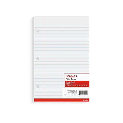 STAPLES College Ruled Filler Paper, 5.5” x 8.5”, 100 Sheets/Pack - style: 100 Pack
