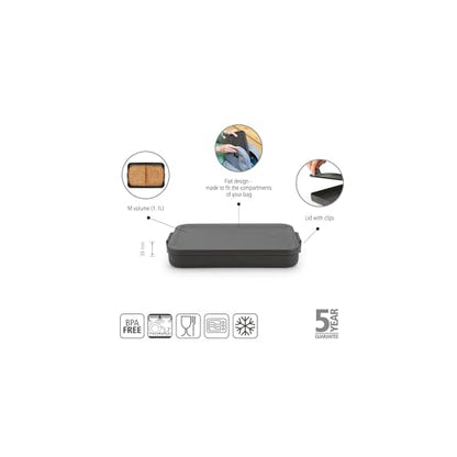 Brabantia Make & Take Flat Lunch Box (Dark Gray) Convenient Size for Bags, BPA-Free, Airtight Snap Locks, Microwave & Freezer Safe, Travel Meal Prep Container, 37oz - color: Dark Gray, style: Flat Lunch Box