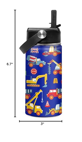 Kids Water Bottle with Straw Construction Insulated Water Bottles 12oz Stainless Steel Travel School Tumbler Double Wall Vacuum Cup for Boys Kid - color: Construction 2