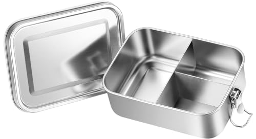 Leonyo 18/10 Stainless Steel Lunch Box for Adults 47oz, 1400ml Metal Bento Box with Removable Divider, 3 Compartments Stainless Snack Lunch Containers for Woman Man, Leak-Proof Dishwasher Safe - size: 1400ML