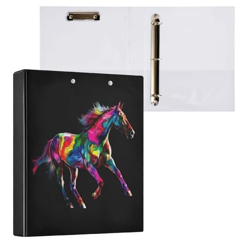 Colorful Running Horse 3 Ring Binder 1.5" Decorative D-Ring Binder with Clipboard&3 Clear Pockets, Holds 200 Sheets A4 Size Paper Waterproof Binders for School Home Office - color: Colorful Running Horse, size: ‎12.4x10.63x2.36 Inch-1 Pack