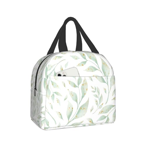 Nerxy Watercolor Leaf Insulated Lunch Bag Spring Sage Green Lunch Box Reusable Cooler Tote Bag Woman 8x5x8.5inch Waterproof Meal Container with Pocket for Work School Travel Office Picnic - color: Leaf