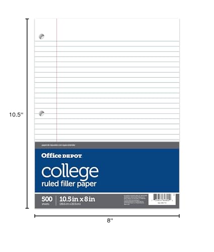Office Depot® Brand Notebook Filler Paper, College Ruled, 8" x 10 1/2", White, Pack Of 500 Sheets