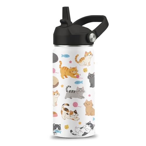Cat Gifts for Cats Lovers, Cute Water Bottle with Straw Lid, 16 oz Cat Water Bottle, Stainless Steel Insulated Tumbler, Cute Cats Birthday Cups Gifts for Boys Girls - color: Cats