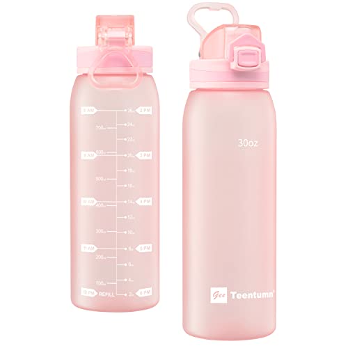 30oz Water Bottle with Time Markers and Filter, BPA Free Large Durable Portable Plastic Bottle for school (Pack of 1) - color: Pink