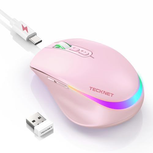 TECKNET Wireless Mouse Jiggler, Rechargeable Mouse with Built-in Mouse Mover, 6 Adjustable DPI & 14 LED Modes, Silent Click, Undetectable Random Movement Keeps Computer Awake for Laptop/PC/Mac- Pink - color: Pink