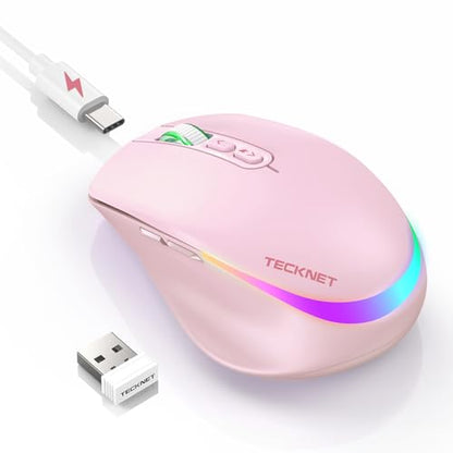 TECKNET Wireless Mouse Jiggler, Rechargeable Mouse with Built-in Mouse Mover, 6 Adjustable DPI & 14 LED Modes, Silent Click, Undetectable Random Movement Keeps Computer Awake for Laptop/PC/Mac- Pink - color: Pink