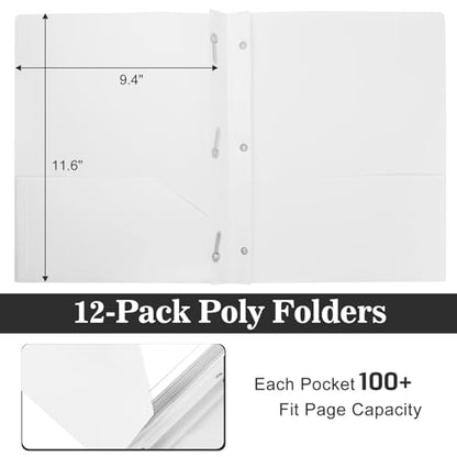 60-Pack Plastic Folders with Pockets and Prongs, 2-Pocket Poly Folders with 3 Fasteners Holds 8-1/2" x 11" Paper for School/Office/Home, White - color: White, size: 60-Pack