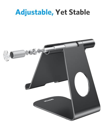 OMOTON T1 Adjustable Tablet Stand for Desk, Aluminum Holder for iPad Black | Solid Metal Build | Charging Cutout | Anti-Slip Silicone Pads | Multi-Angle Adjustable | Fits 3.5-12.9" | Holds Thick Cases - color: Black
