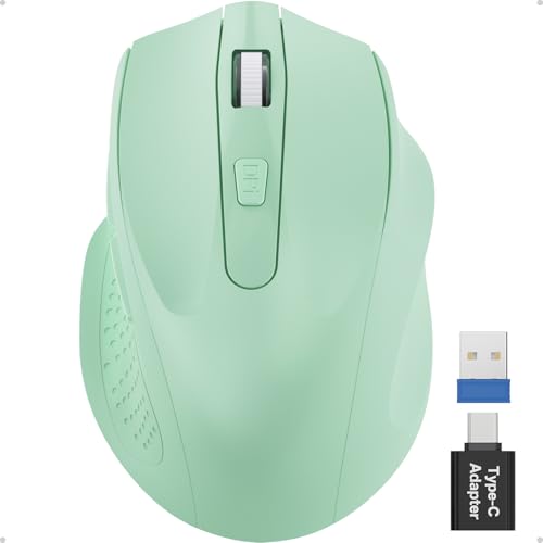 Green Wireless Mouse for Laptop, 2.4GHz Computer Mouse with USB-A Port &USB-C Adapter, Office Cordless Mice with 6 Buttons & 3 Level DPI for Small to Medium Hands, Work with PC, Desktop, Tablet - M21 - color: Green