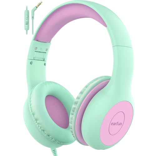 EarFun Kids Headphones Wired with Microphone, 85/94dB Volume Limit Headphones for Kids, Portable Wired Headphone with Shareport, Stereo Sound Foldable Headset for School/Tablet/iPad, Green Violet - color: Green Violet