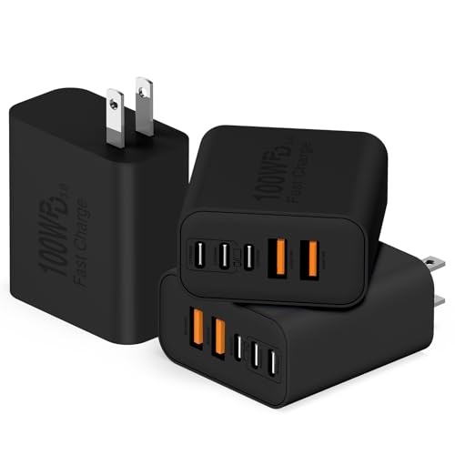 QZIIW USB C Wall Fast Charger Block, 100W 5-Port Type C Fast Charging Block 3 Pack-PD Power Charger Adapter QC 3.0 USB Multiport Charger Brick for iPhone 17 16, Samsung Series MacBook/Air, iPad, etc. - color: Black