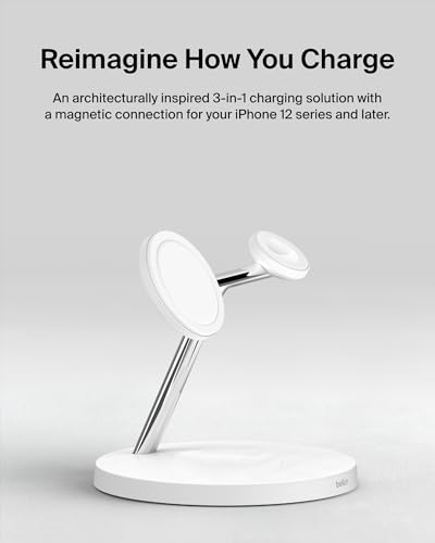 Belkin MagSafe Charger, 3-in-1 Wireless Charging Stand, 2ND GEN, 33% Faster for Apple Watch, iPhone 16, iPhone 15, iPhone 14 Series, AirPods - MagSafe Charging Station for Multiple Devices - White | WIZ017TTWH), Magsafe Iphone Fast Charging Up to 15W, Wir