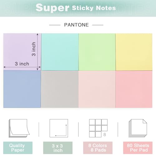 Sticky Notes 3x3 Inch, 8 Pads, Light Colors Self-Adhesive, 80 Sheets/Pad | Reusable Notepads for Office, School, and Home - color: 3x3 8 Pads Light Colors