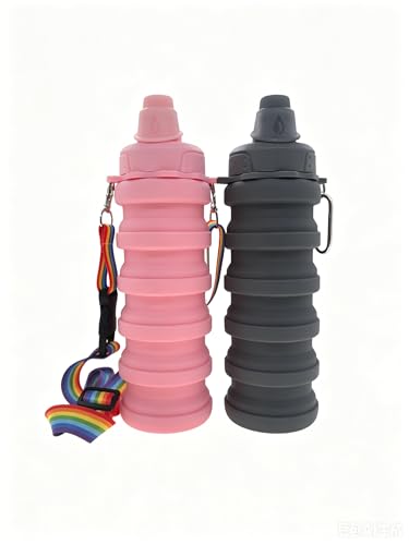 Collapsible Water Bottles Silicone Foldable Reusable Leakproof Travel Water Bottle 17.6oz With Mountaineering Buckle And Adjusting Rope For Sports Camping Hiking Cycling Yoga（Dark Grey And Pink） - color: Dark Gray + Pink