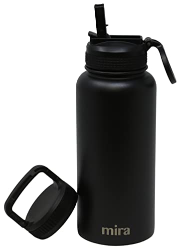 MIRA 32 oz Insulated Water Bottle - Stainless Steel Sports Flask with 2 Lids (Straw & Handle) - Cold Drink Thermo - Black - color: Solid - Black