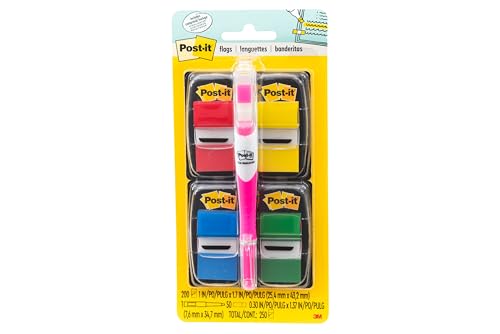Post-it Flags Value Pack, 50/Dispenser, 4 Dispensers/Pack, 1 in Wide, Assorted Colors, Includes Free Flags + Highlighter - size: 200 Flags with Highlighter