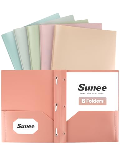 SUNEE 3-Prong Plastic Folders with Pockets (6 Pack, Vintage Colors) 2 Pocket Folders with Fasteners, Tear-Resistant Plastic Pockets, and Fit Letter Size Paper, Use for School Office Home Business - color: Light Retro, style: 6 Pack