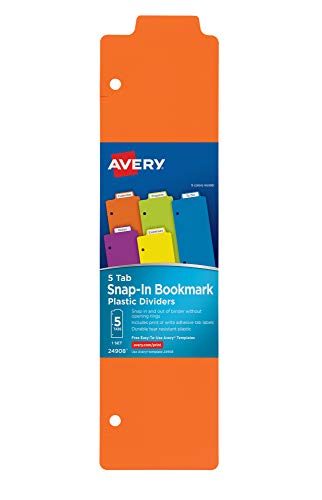 Avery Snap-in Bookmark Plastic Dividers for 3 Ring Binders, 5-Tab Set, Multicolor with White Labels, 1 Set (24908) - style: 1 Set