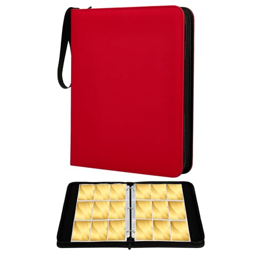 9-Pocket Trading Card Binder, PU Leather Zip Card Binder Album Holds 900 Cards for TCG, Sports Cards, Collectible Cards（RED） - color: Red