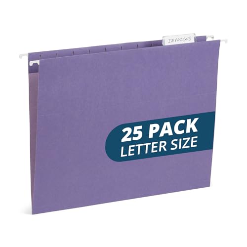 25 Blue Summit Supplies Purple Hanging File Folders - Letter Size, Durable 11pt Paper, Hanging File Folders, Purple, with Plastic Tabs and Inserts Included - color: Purple