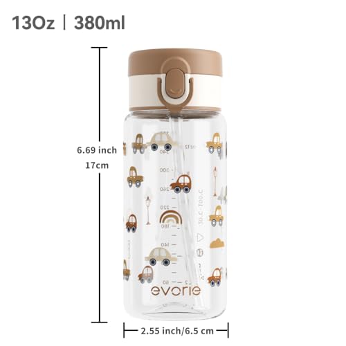 Evorie Tritan Kids Water Bottle with Straw, 13oz BPA-Free Leak-Proof Drinking Bottle for School & Travel, Lightweight Clear Water Bottle, Dishwasher Safe, for Kids Ages 3+ (Choco Car) - color: Choco Car