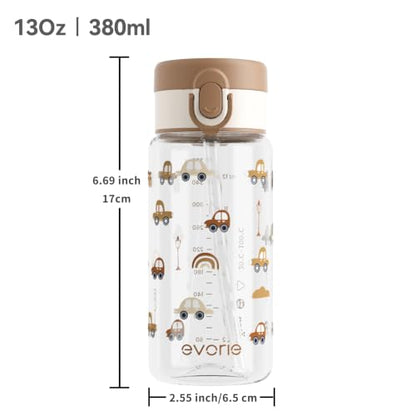 Evorie Tritan Kids Water Bottle with Straw, 13oz BPA-Free Leak-Proof Drinking Bottle for School & Travel, Lightweight Clear Water Bottle, Dishwasher Safe, for Kids Ages 3+ (Choco Car) - color: Choco Car