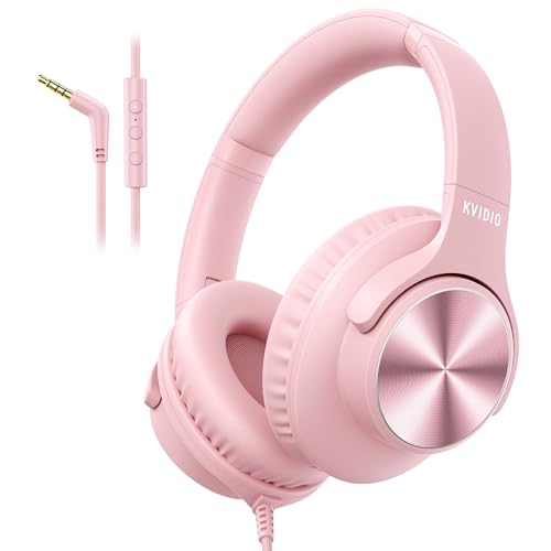 KVIDIO Wired Headphones with Mic, Volume & Playback Control, Over-Ear Foldable Headphones, 3.5mm Plug, 90° Swivel Ear Cups, 4.9ft Tangle-Free Cord for Tablet, Laptop, PC, School, Travel (Pink) - color: Pink