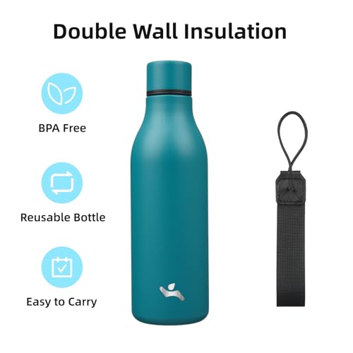 Konokyo Insulated Water Bottle with Strap,18 oz Double Wall Stainless Steel Vacuum Bottles Metal Water Flask,Lake Blue - color: Lake Blue, size: 18 Ounces