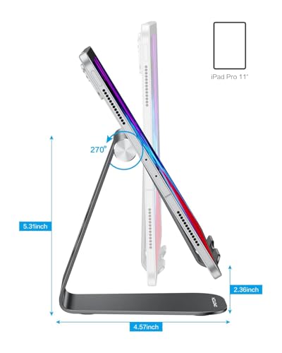 OMOTON T1 Adjustable Tablet Stand for Desk, Aluminum Holder for iPad Black | Solid Metal Build | Charging Cutout | Anti-Slip Silicone Pads | Multi-Angle Adjustable | Fits 3.5-12.9" | Holds Thick Cases - color: Black