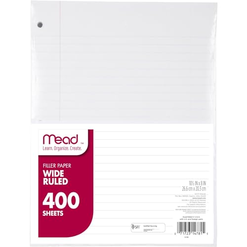 Mead Loose Leaf Paper, Wide Ruled Filler Notebook Paper, 8" x 10-1/2", 400 Sheets, Fits 3-Ring Binder (150036-ECM) - size: Pack of 1, style: 400 Sheets
