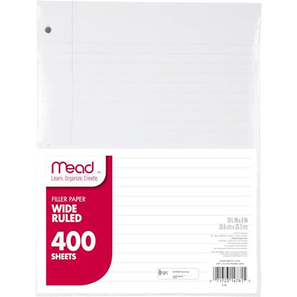 Mead Loose Leaf Paper, Wide Ruled Filler Notebook Paper, 8" x 10-1/2", 400 Sheets, Fits 3-Ring Binder (150036-ECM) - size: Pack of 1, style: 400 Sheets