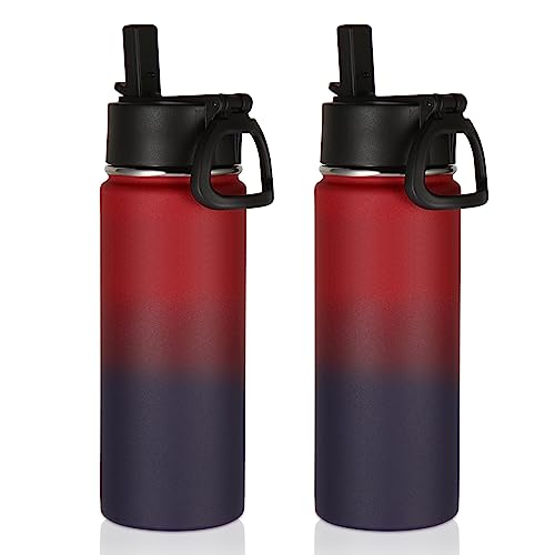 Volhoply 18oz Insulated Water Bottle Bulk 2 Pack,Kids Stainless Steel Water Bottles with Straw Lid,Double Wall Vacuum Reusable Metal Cups,Wide Mouth Sports Flask Keep Hot and Cold(Red Purple,2 Set) - color: Red Purple