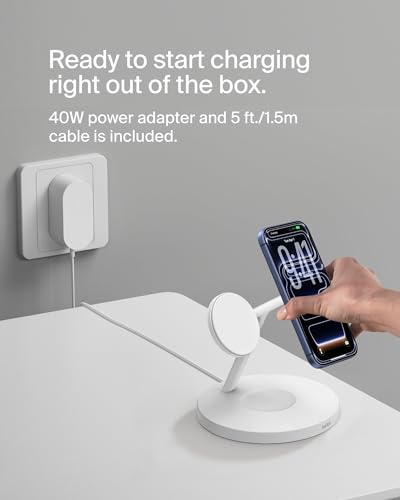 Belkin MagSafe-Compatible iPhone Charger, 3-in-1 Wireless Charging Station, Qi2-Certified 15W Wireless Charge for Apple iPhone 17 Series, Apple Watch, AirPods w/Non-Slip Base, 40W Included - White - color: White, style: Matte Finish