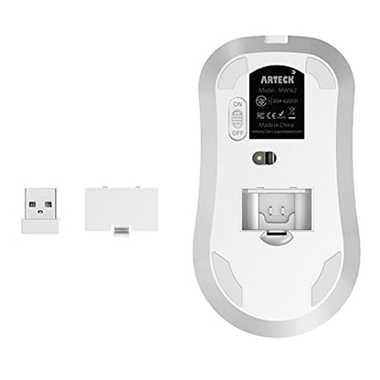 Arteck 2.4G Wireless Mouse with Nano USB Receiver Ergonomic Design Silent Clicking for Computer/Desktop/PC/Laptop and Windows 10/8/7 Build in Rechargeable Battery - White - color: White