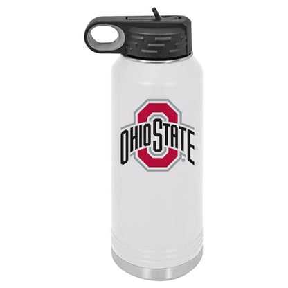 Ohio State University 32oz Stainless Steel Double Walled White Beverage Bottle with Flip Straw Spout - College Gear for Playoff Season – For Office, Home or Auto – Show your Buckeye Pride - style: Ohio State / White